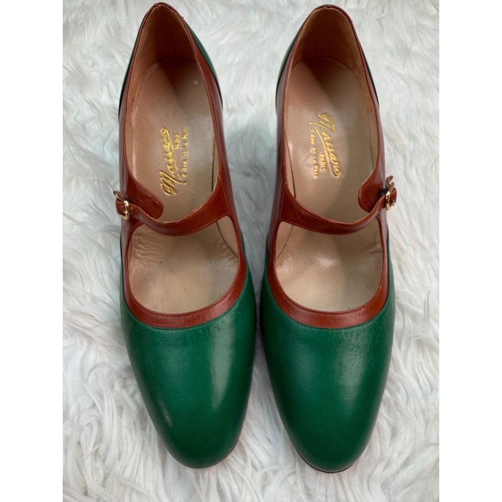 Vintage Massaro Paris Custom Leather Mary Jane Pumps Green Brown Approx. 9.5 US